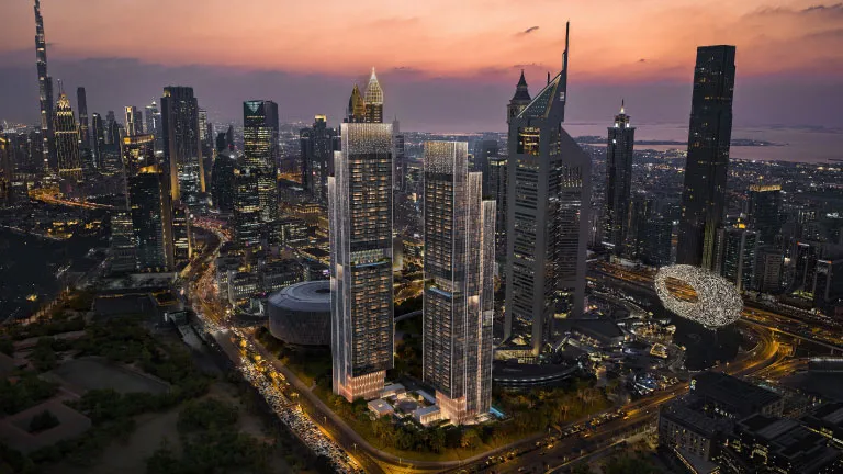 Jumeirah Residences Emirates Towers against the Dubai skyline